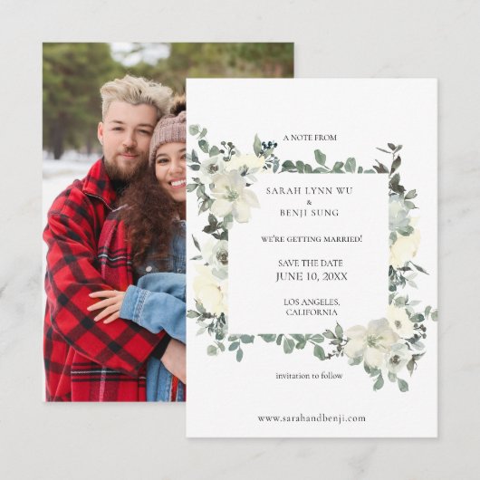 Dusty Blue & White Floral Save the Date w Photo (Devant / Derrière)