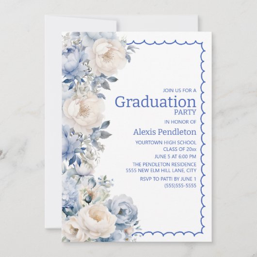 Dusty Blue White Floral Squiggle Lijst Kaart (Voorkant)