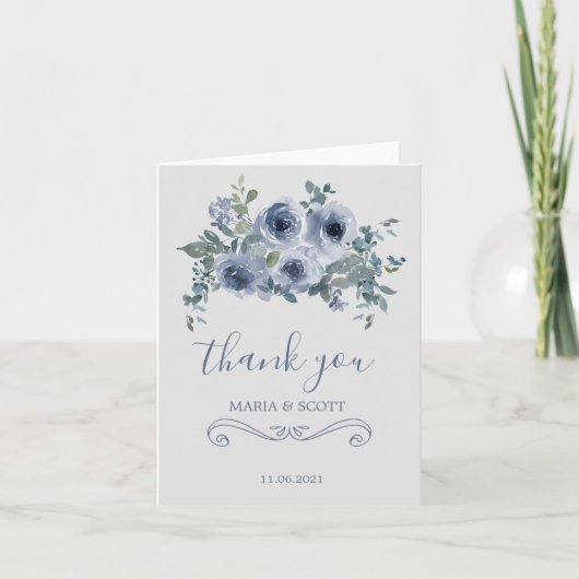 Dusty Blue White Floral Weddenschap Hartelijk dank Bedankkaart (Voorkant)