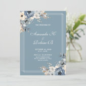 Dusty Blue & White Floral Wedding Invitation Kaart (Staand voorkant)