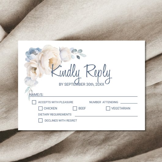 Dusty Blue White Floral Wedding RSVP Kaartje