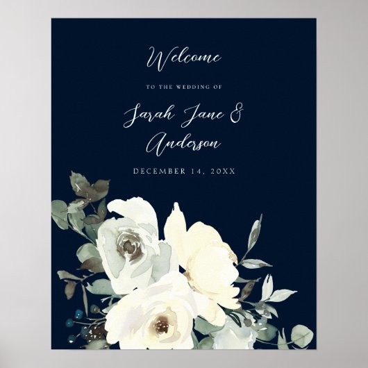 Dusty Blue & White Floral Welcome Wedding - Navy Poster (Voorkant)
