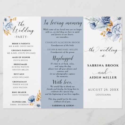 Dusty Blue White Gold Floral Wedding Programme (Devant)