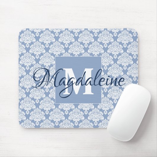 Dusty Blue & White Lacy Damask Monogram & naam Muismat (Met muis)