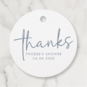 Dusty Blue & White Minimalist Script Vrijgezellenf Bedankjes Labels (Voorkant)