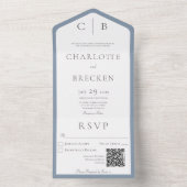 Dusty Blue & White Monogram Minimale QR-code All In One Uitnodiging (Binnen)