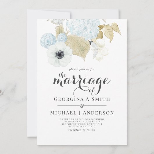 Dusty Blue White Navy Anemone BUDGET Weddenschap Kaart (Voorkant)