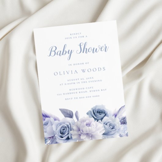 Dusty Blue & White Roses Baby shower Kaart