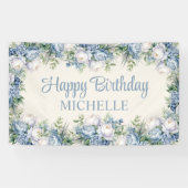 Dusty Blue White Roses Happy Birthday Script Spandoek (Horizontaal)