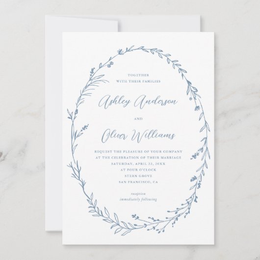 Dusty Blue White Rustieke Wildflower Krans Bruilof Kaart (Voorkant)