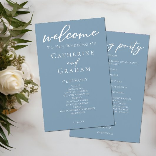 Dusty Blue White Script Coastal Wedding Program