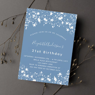 Dusty blue White stars verjaardagsfeest Uitnodiging Briefkaart