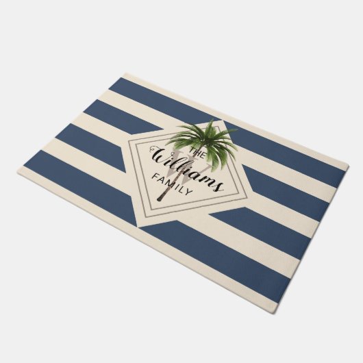 Dusty Blue White Stripes Tropical Beach Monogram Deurmat (Schuin)