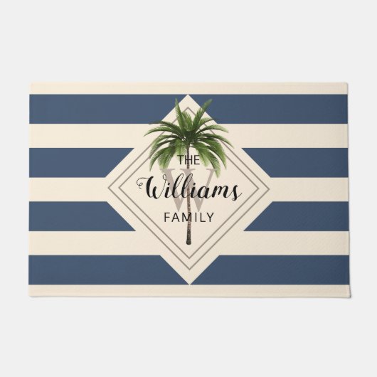 Dusty Blue White Stripes Tropical Beach Monogram Deurmat (Voorkant)