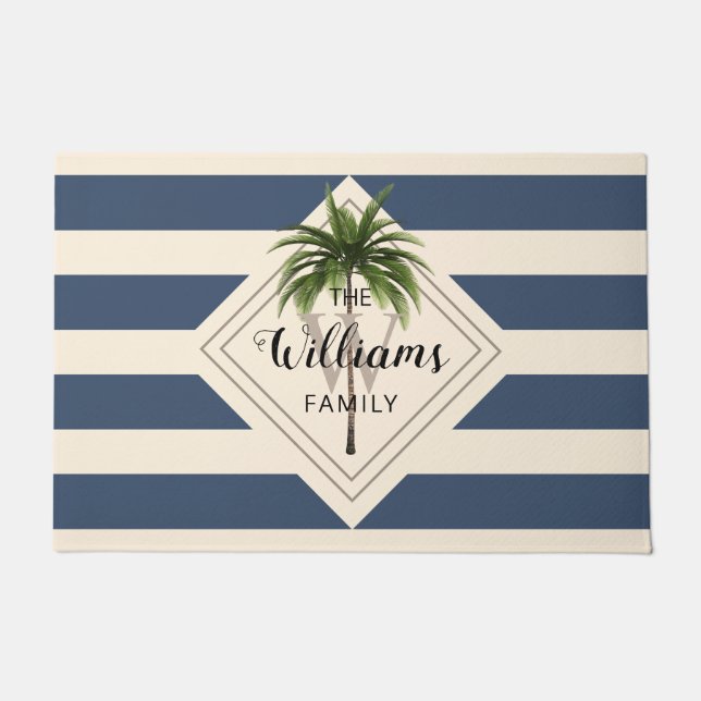 Dusty Blue White Stripes Tropical Beach Monogram Deurmat (Voorkant)