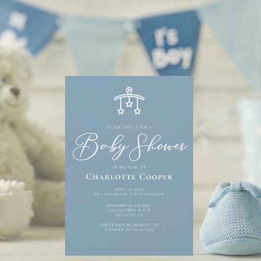 Dusty Blue White Typography Baby shower Kaart