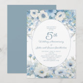 Dusty Blue White Waterverf Floral 5e Jubileum Kaart (Voorkant / Achterkant)
