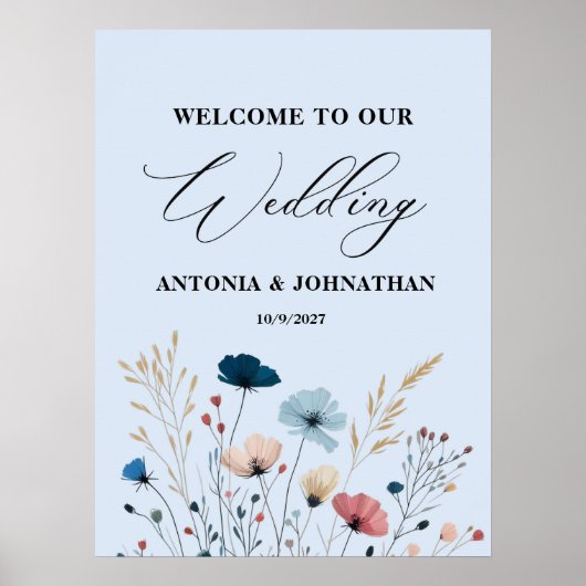 Dusty Blue Wild Floral Welkom Trouwbord Poster (Voorkant)