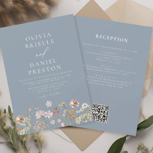 Dusty Blue Wildflower Alles in een QR-code bruilof Kaart
