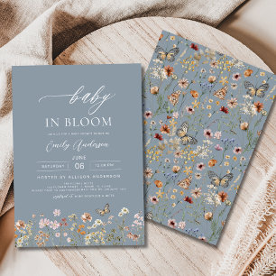 Dusty Blue Wildflower Baby in Bloom Baby shower Kaart