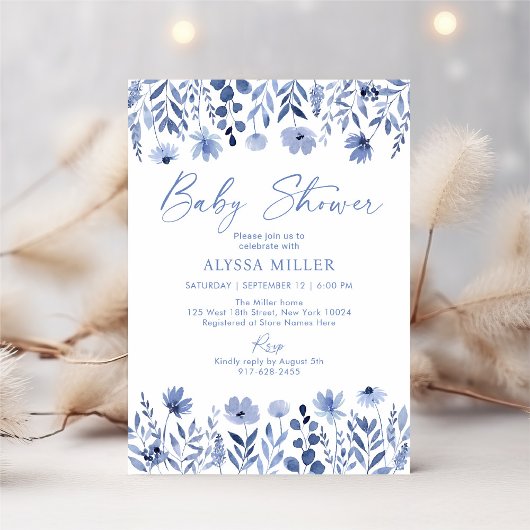 Dusty Blue Wildflower Baby shower Kaart