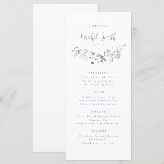 Dusty Blue Wildflower Boho Bruiloft Gast Naam Menu (Voorkant / Achterkant)