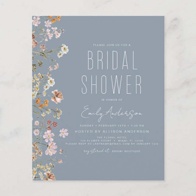 Dusty Blue Wildflower Bridal Shower Uitnodiging (Voorkant)