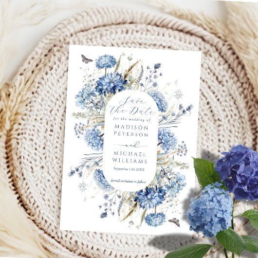Dusty Blue Wildflower & Butterfly Elegant Huwelijk Save The Date