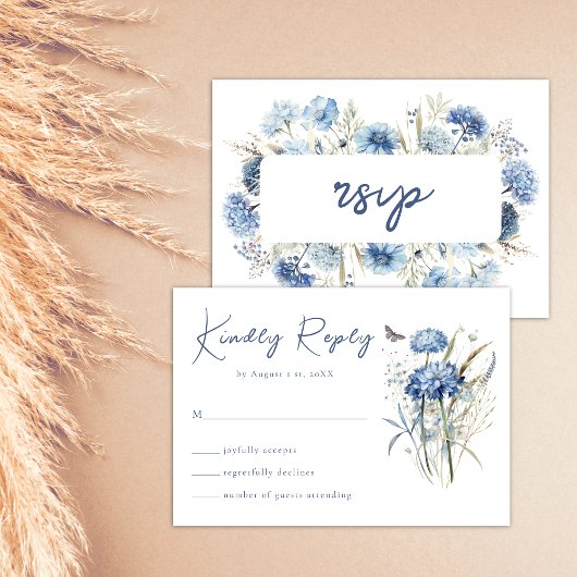 Dusty Blue Wildflower Elegant Boho Wedding RSVP
