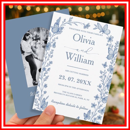 Dusty Blue Wildflower foto bruiloft Kaart