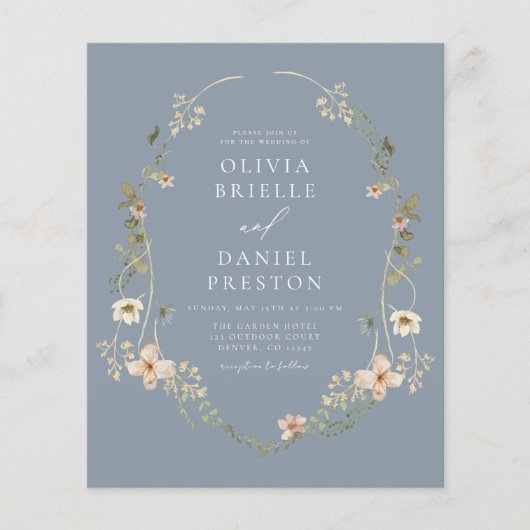 Dusty Blue Wildflower Garden Wedding Invitation Flyer (Voorkant)