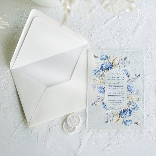 Dusty Blue Wildflower Modern Elegant Wedding Acryl Uitnodigingen