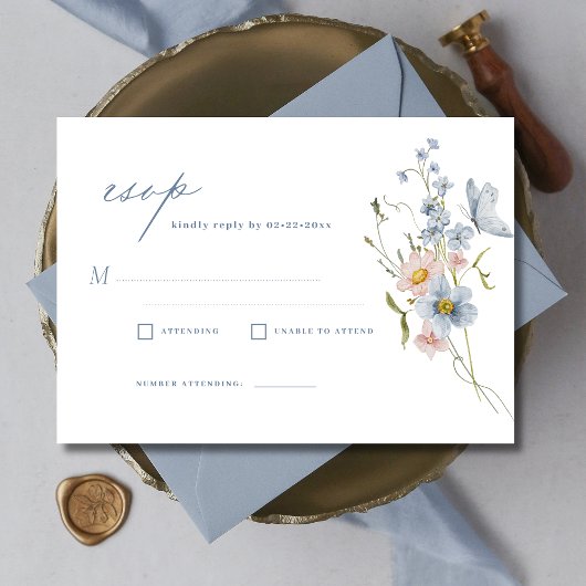 Dusty Blue Wildflower RSVP Wedding Kaart