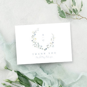 Dusty Blue Wildflower Rustic Boho Bruiloft monogra Bedankkaart