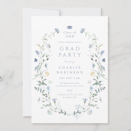 Dusty Blue Wildflower rustiek Boho Afstuderen Kaart (Voorkant)