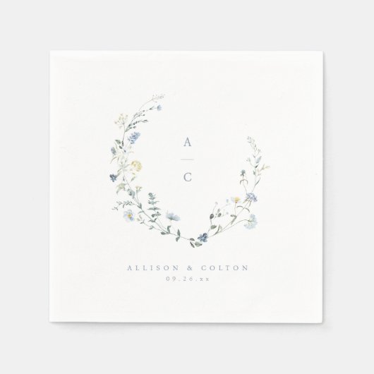 Dusty Blue Wildflower rustieke Boho bruiloft Monog Servet (Voorkant)