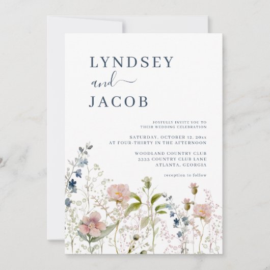 Dusty Blue Wildflower Wedding Invitation Kaart (Voorkant)