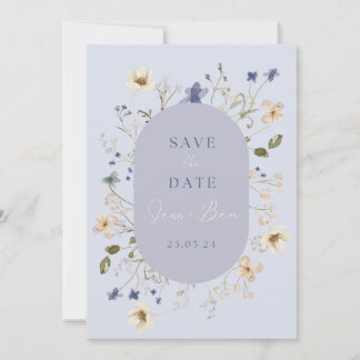 Dusty Blue Wildflower Wedding Save the Date Kaarte
