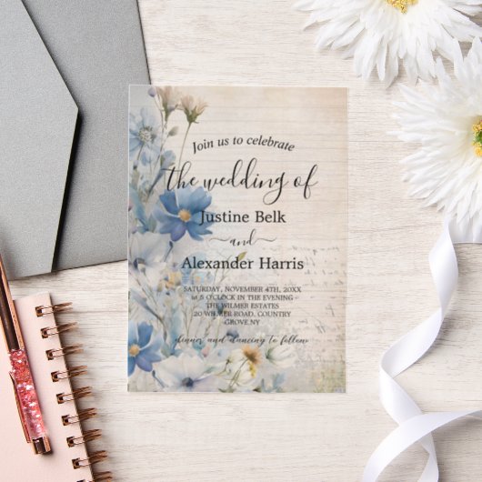 Dusty Blue Wildflower Wedding Vellum Uitnodigingen (Huwelijk)