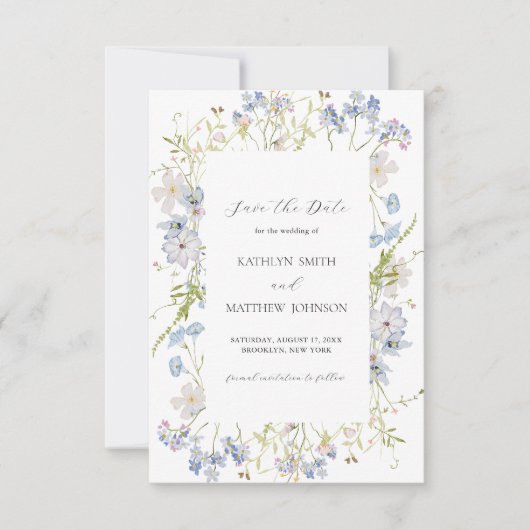 Dusty Blue Wildflower Whimsical Moderne bruiloft Save The Date (Voorkant)
