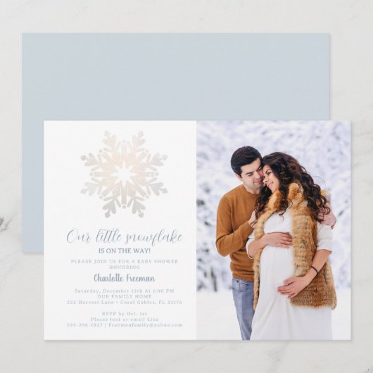Dusty Blue Winter Baby shower Photo Invitation (Devant / Derrière)