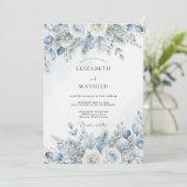 Dusty Blue Winter Bloom Wedding Kaart (Staand voorkant)