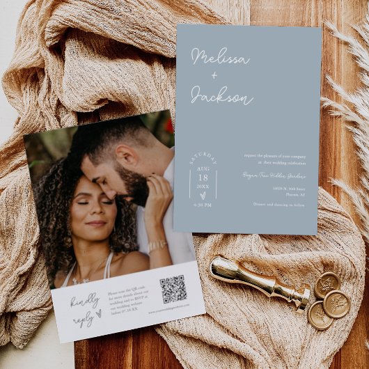 Dusty Blue Winter Boho Minimalistische Wedding QR  Kaart