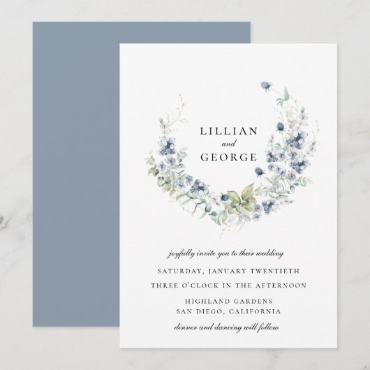 Dusty Blue Winter Botanical Wreath Wedding Kaart (Voorkant / Achterkant)