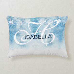 Dusty Blue Winter Script Calligraphy Monogram Accent Kussen