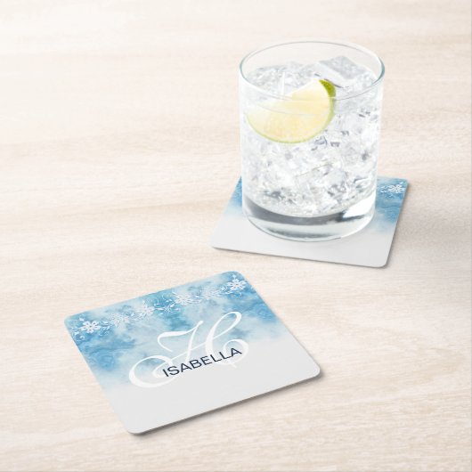 Dusty Blue Winter Script Calligraphy Monogram Vierkante Kartonnen Onderzetter (Insitu)