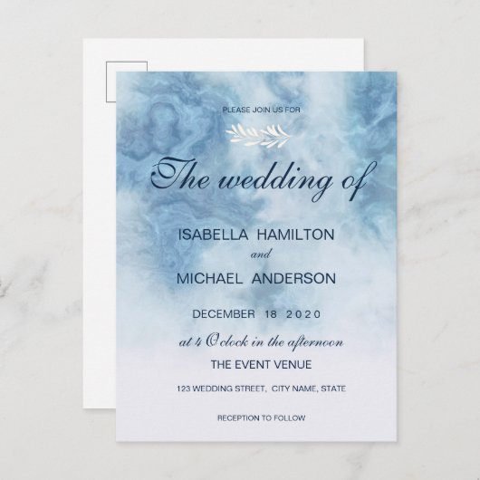 Dusty Blue Winter Script Calligraphy White Branch Uitnodiging Briefkaart (Voorkant / Achterkant)