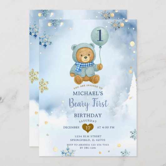 Dusty Blue Winter Snowflake Beary Eerste Verjaarda Kaart (Voorkant / Achterkant)