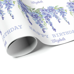 Dusty Blue Wisteria Floral Happy Birthday Cadeaupapier