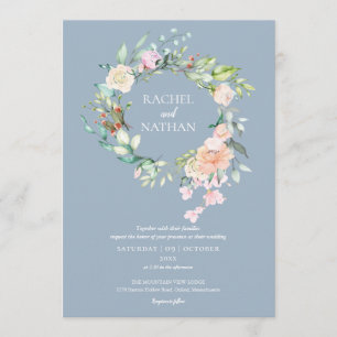 Dusty Blue Woodland Rozen Greenery Floral Wedding Kaart